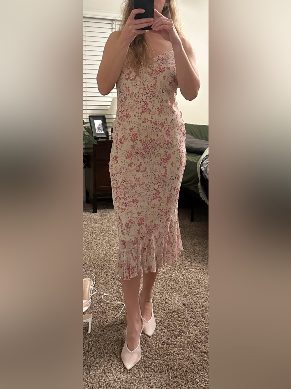 Reformation Cream Midi Slip Skirt with Pink Floral Print and Ruffle Hem